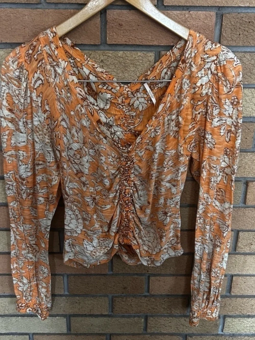 Free People Floral SAY THE WORD Boho Light Orange Floral Ruched Long Sleeve Top